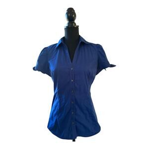 Y2K Express Blue Button Up Top Silver Ring Sleeve Detail Size M